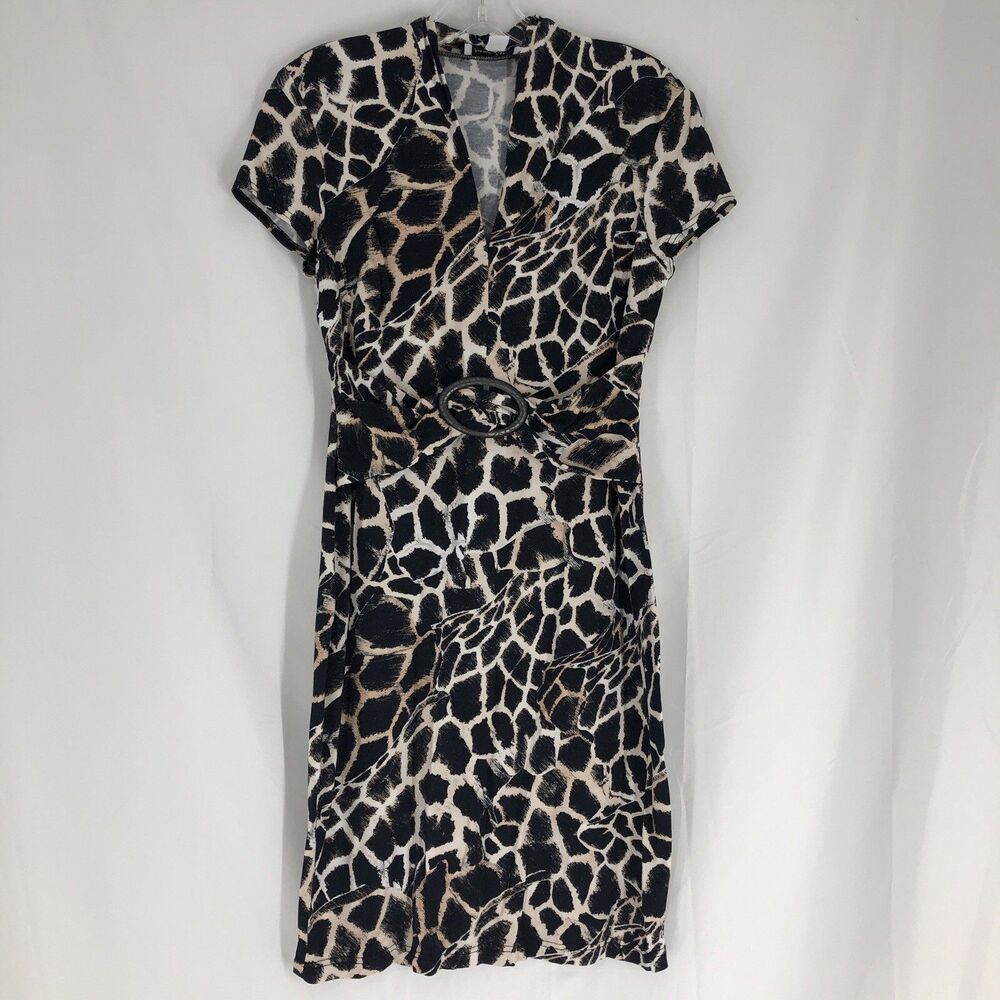 Joseph Ribkoff Brown Giraffe Print Midi Dress Sz 10 Stretchy Short Sleeve V Neck